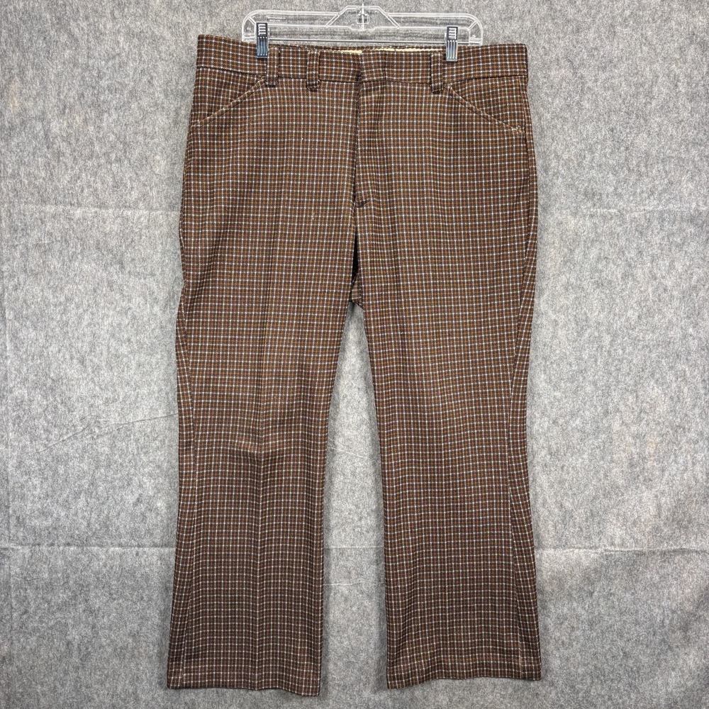 True Vintage 1970s Boot Cut Flare Pants Trousers Men's 38x28 Plaid Talon‎ Brown